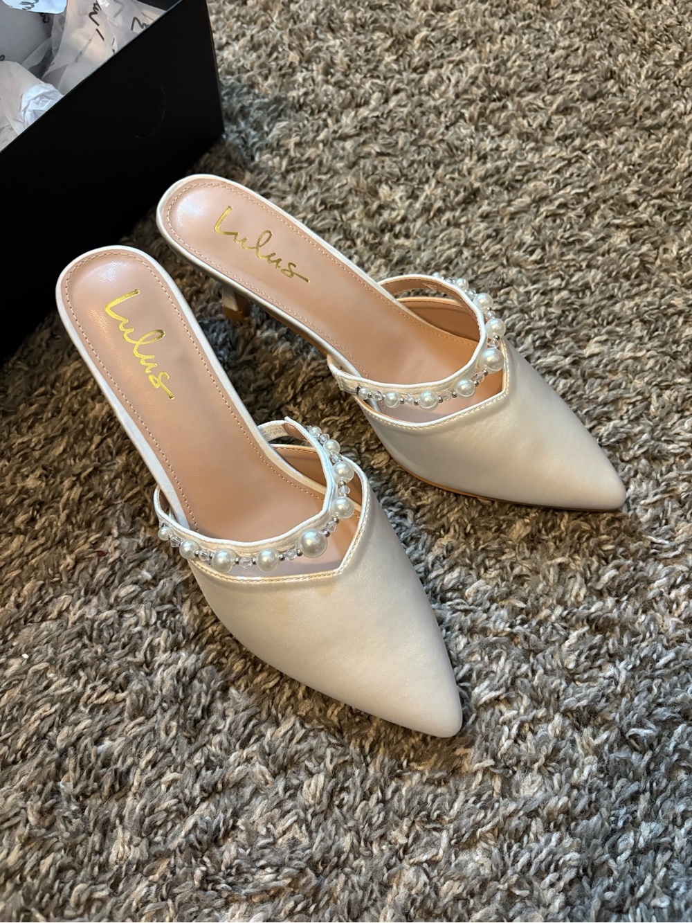 Lulu's Pearl-Trim Ivory Pointed-Toe Mules